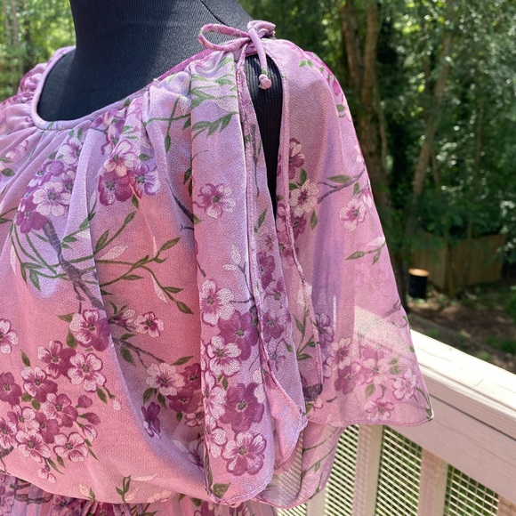 Vintage 60s 70s Floral Pleat Bow Cottagecore Dress - Picture 6 of 12